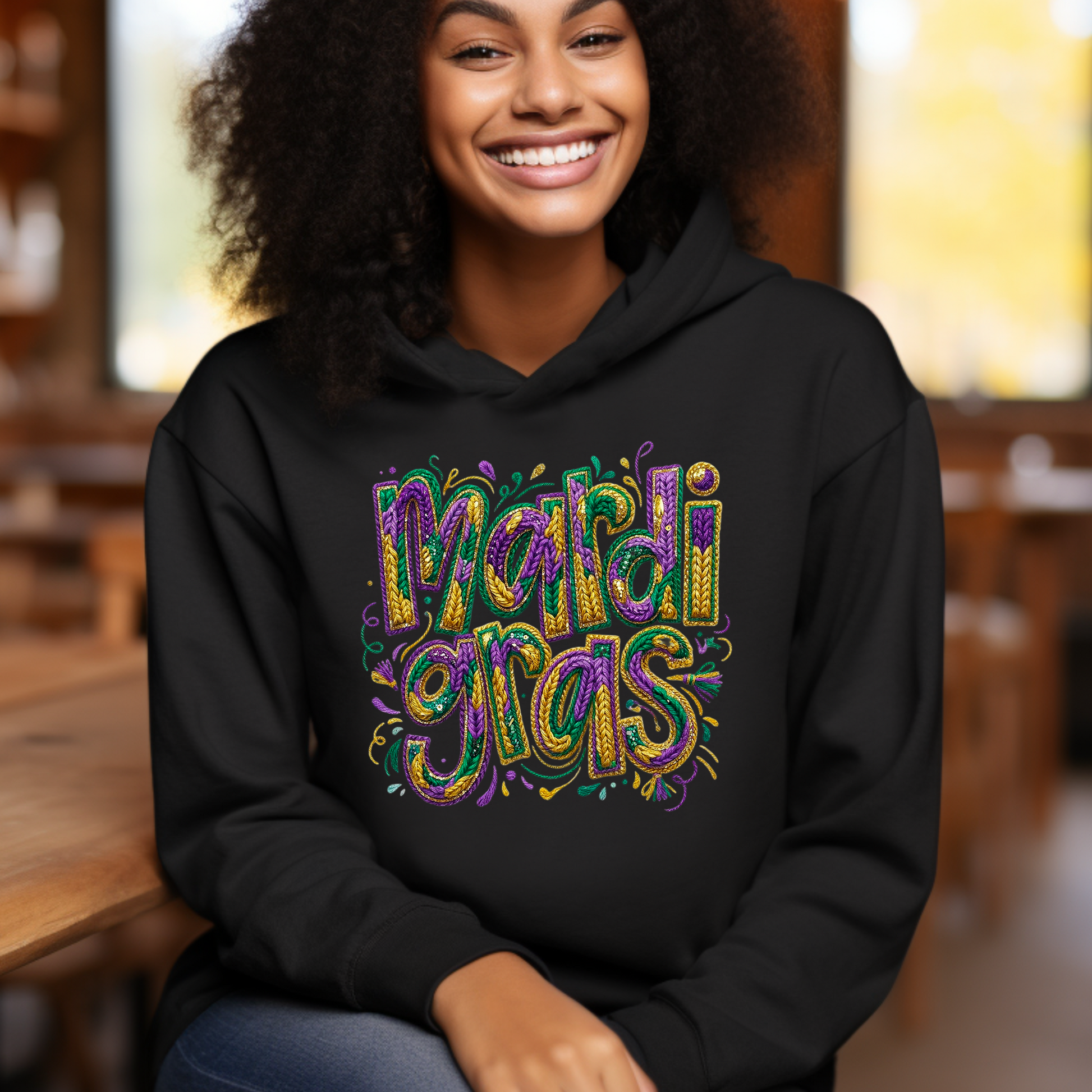 Person wearing a black hoodie with 'Mardi Gras' text in colorful letters, sitting indoors.
