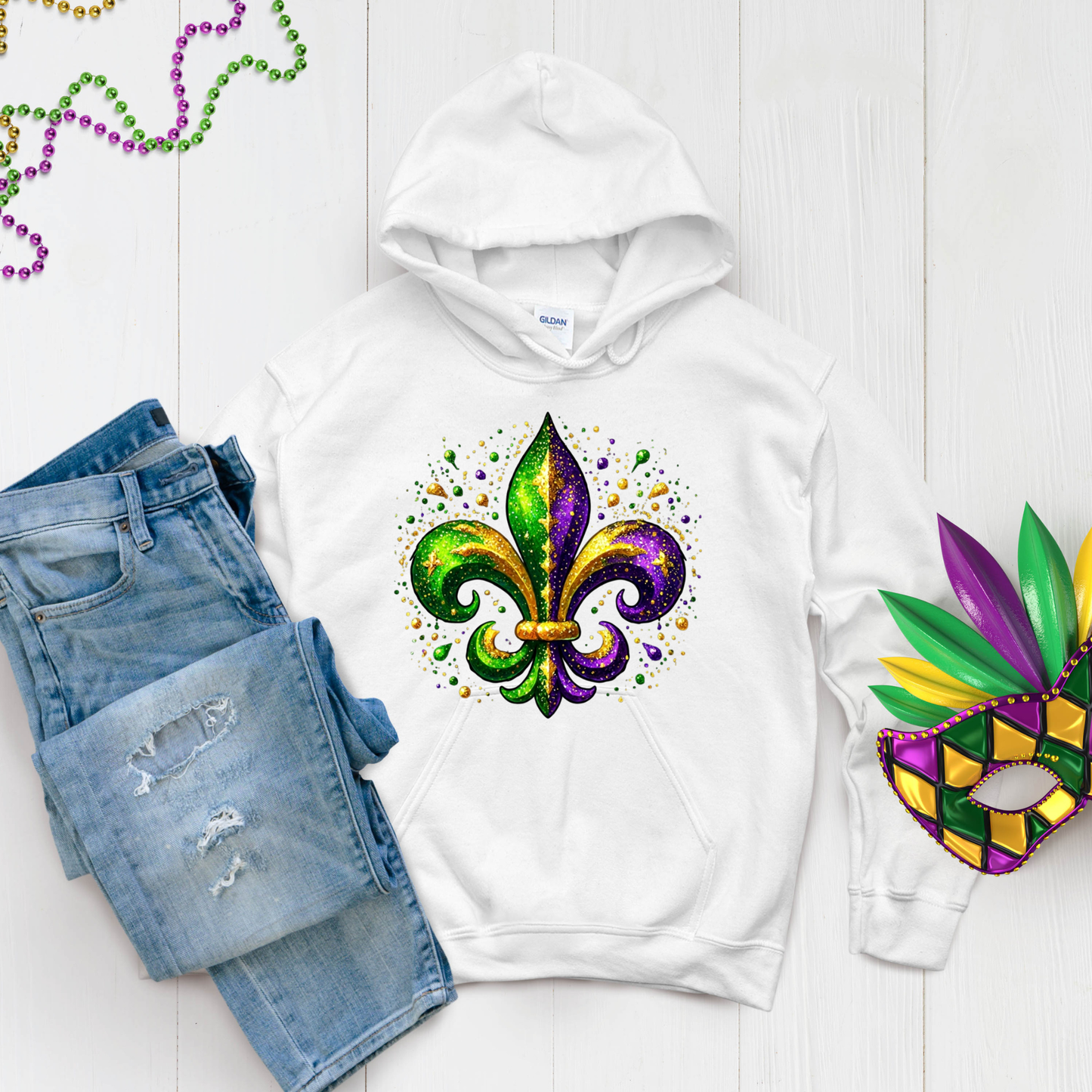 Mardi Gras Women's Shirt -Vibrant Green Purple & Gold Fleur-De-Lis Tee, Sweater, or Hoodie