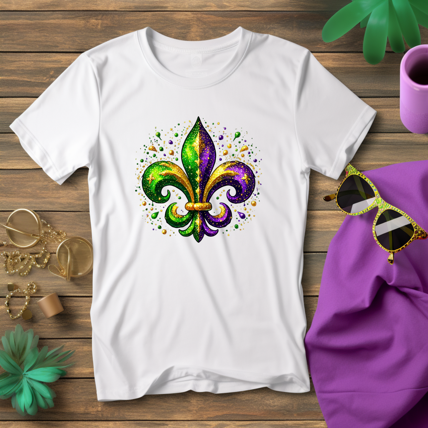 Mardi Gras Women's Shirt -Vibrant Green Purple & Gold Fleur-De-Lis Tee, Sweater, or Hoodie