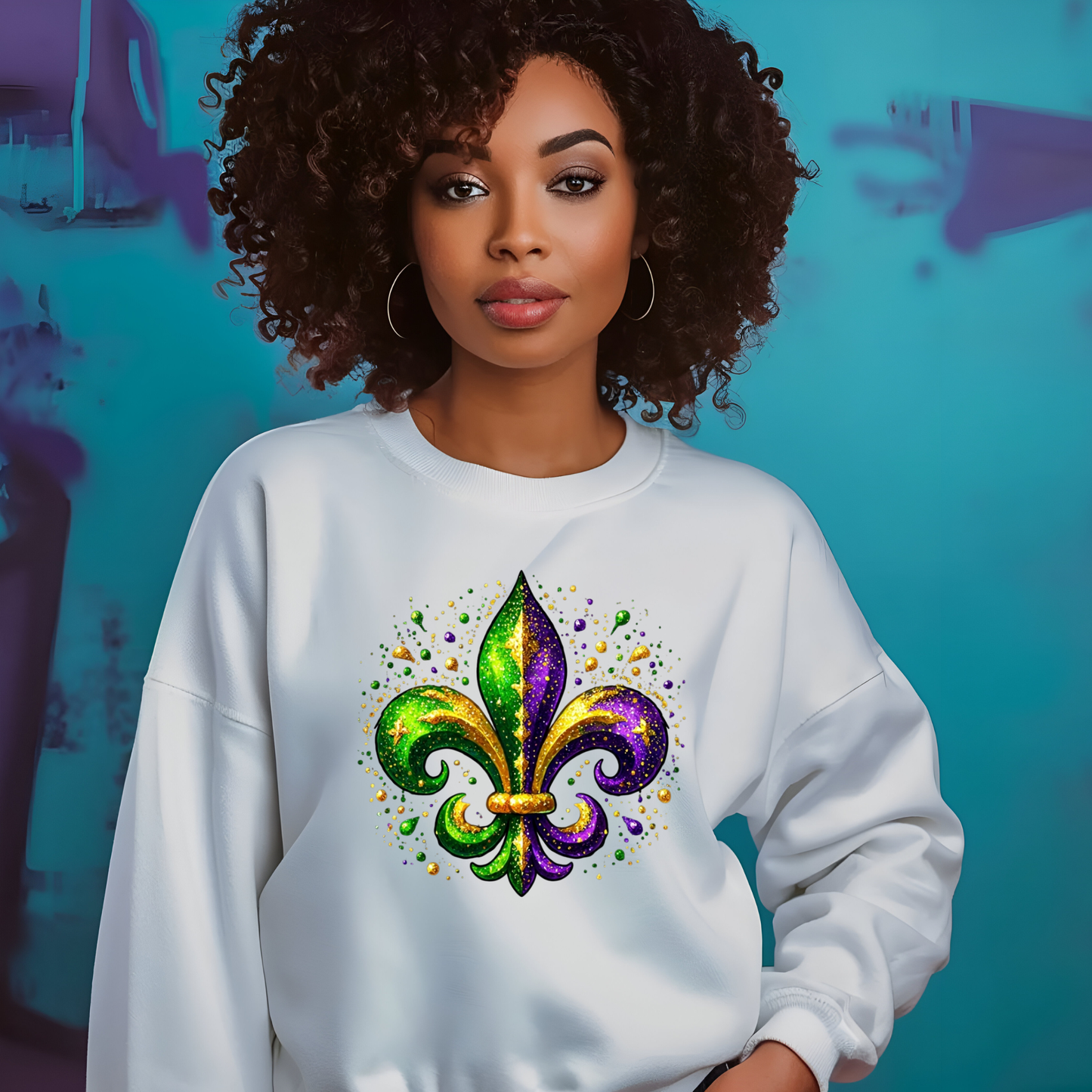 Mardi Gras Women's Shirt -Vibrant Green Purple & Gold Fleur-De-Lis Tee, Sweater, or Hoodie