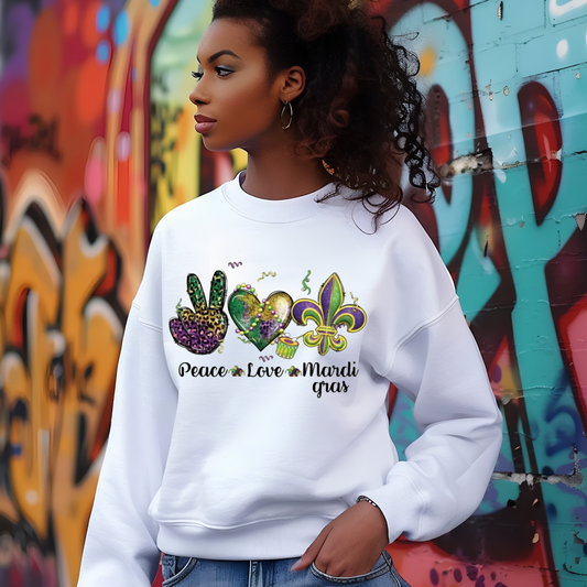 Mardi Gras Sweater with the words "Peace Love Mardi Gras" on a White Soft Cotton Crewneck Mardi Gras Sweatshirt sweater
