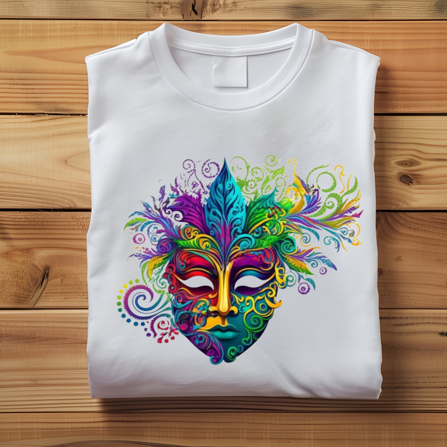 Women wearing white sweater with Vibrant and Bright Mardi Gras Mask to celebrate Mardi Gras Parade Celebrations Mobile Alabama 