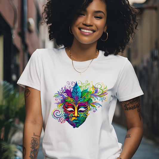 Women wearing white shirt with Vibrant and Bright Mardi Gras Mask to celebrate Mardi Gras Parade Celebrations