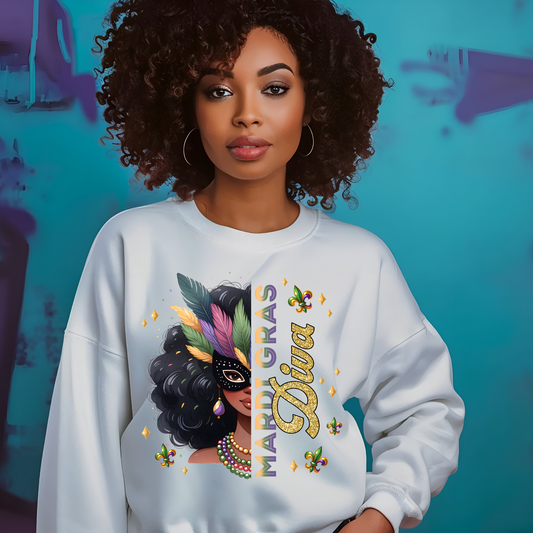 Mardi Gras Women's Sweater Mardi Gras Diva Sweatshirt perfect for Carnival season, Parade Watching, and Mardi Gras Ball