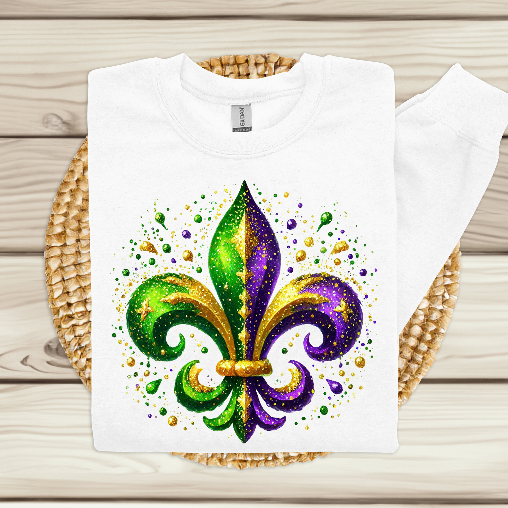 Mardi Gras Women's Sweatshirt -Vibrant Green Purple & Gold Fleur-De-Lis Sweater perfect for Mardi GRas in New Orleans or the home of Mardi Gras Mobile Alabama