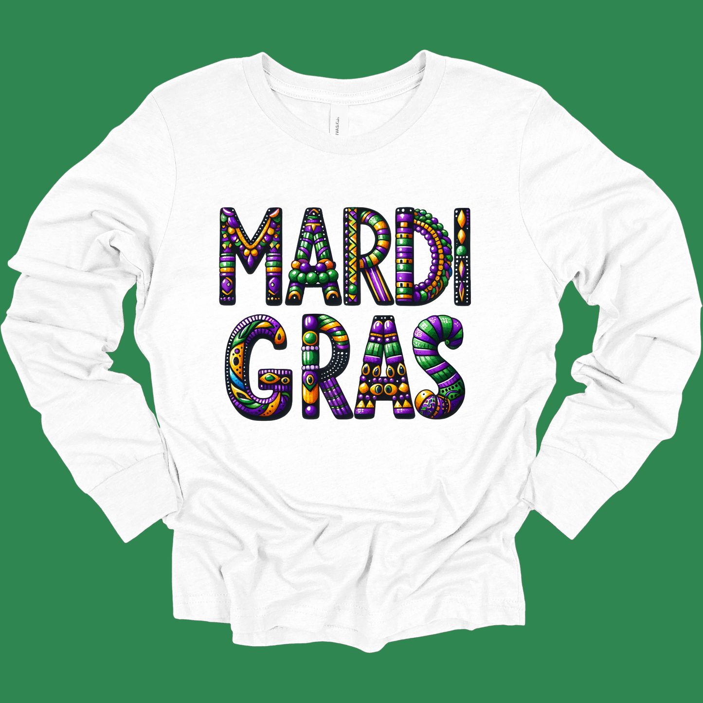 White long-sleeve shirt with colorful 'Mardi Gras' text on a green background