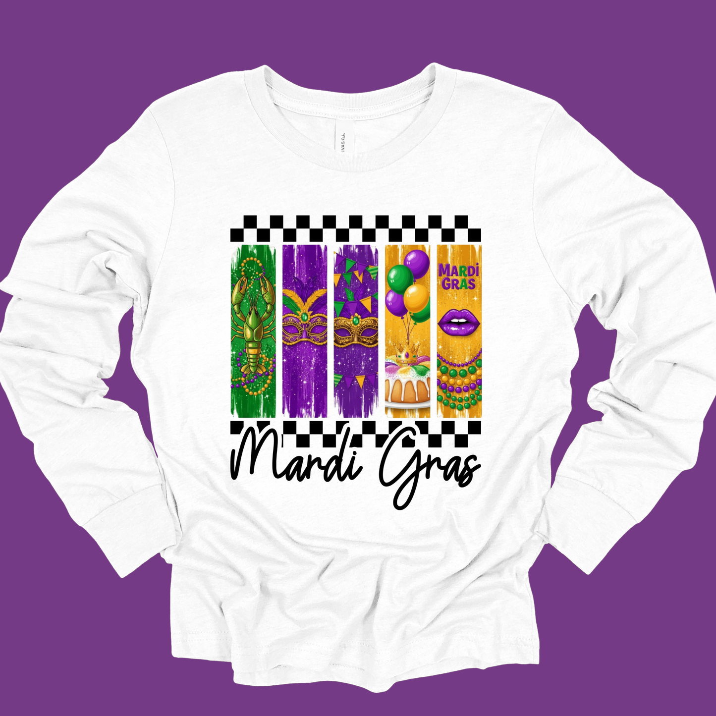 White long-sleeve shirt with Mardi Gras-themed graphics and text on a purple background