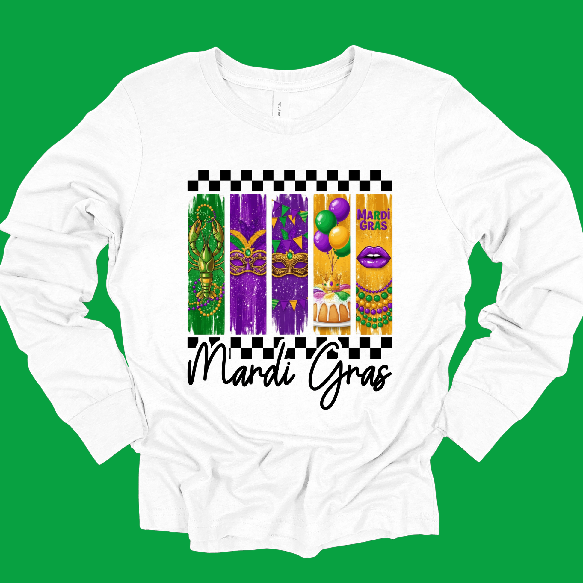 White long-sleeve shirt with Mardi Gras-themed graphics on a green background