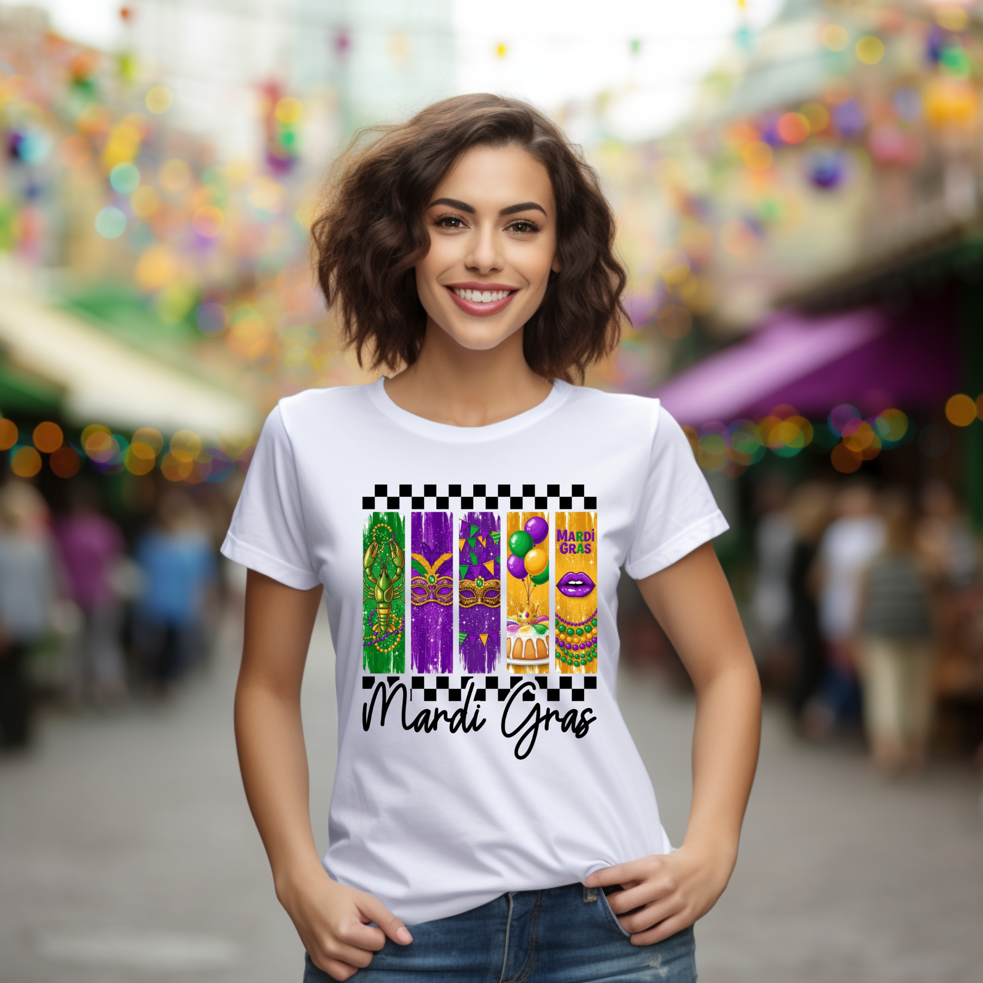 Woman wearing a Mardi Gras-themed t-shirt with colorful beads and balloons in a festive setting.
