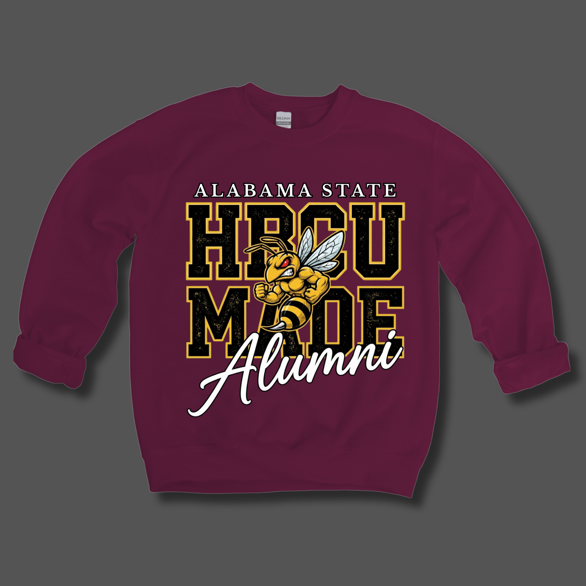 A maroon crewneck sweatshirt featuring a large graphic of a yellow and black hornet with the text 'Hornets Nation' in yellow and white, displayed on a solid gray background.