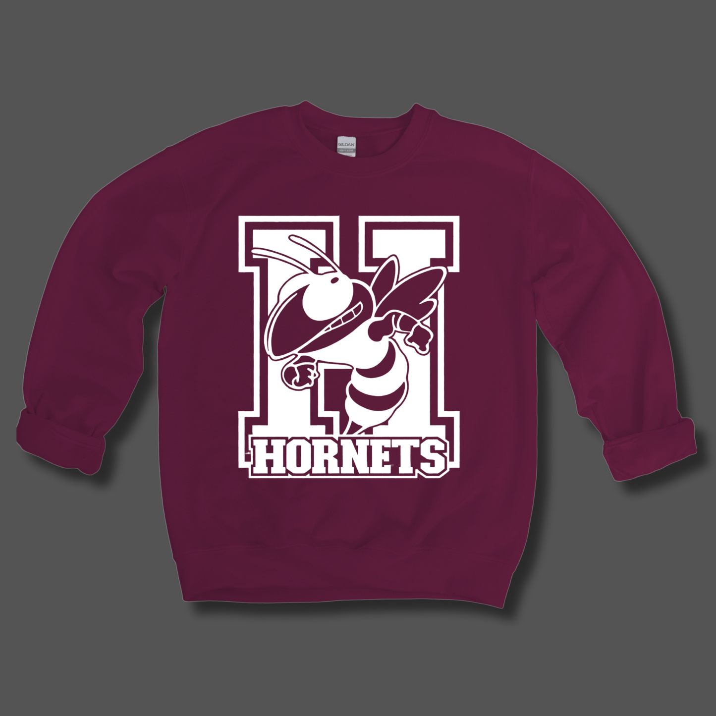 A maroon crewneck sweatshirt featuring a large graphic of a yellow and black hornet with the text 'Hornets Nation' in yellow and white, displayed on a solid gray background.