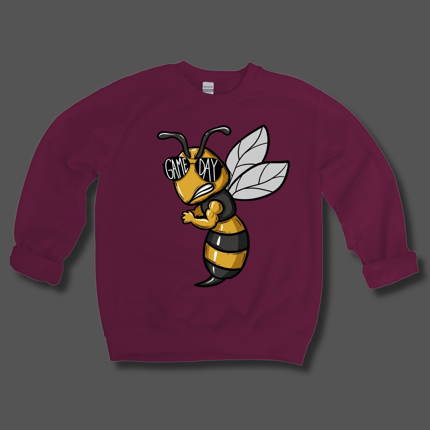 A maroon crewneck sweatshirt featuring a large graphic of a yellow and black hornet with the text 'Hornets Nation' in yellow and white, displayed on a solid gray background.