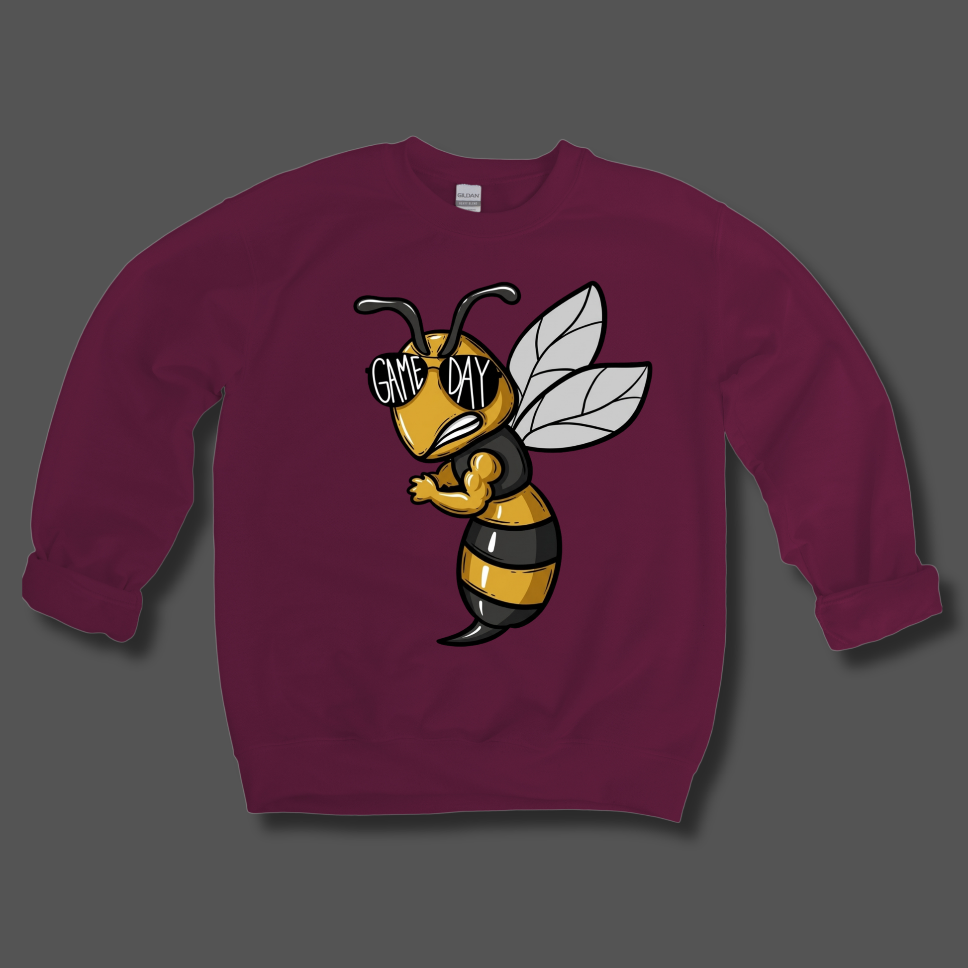 A maroon crewneck sweatshirt featuring a large graphic of a yellow and black hornet with the text 'Hornets Nation' in yellow and white, displayed on a solid gray background.