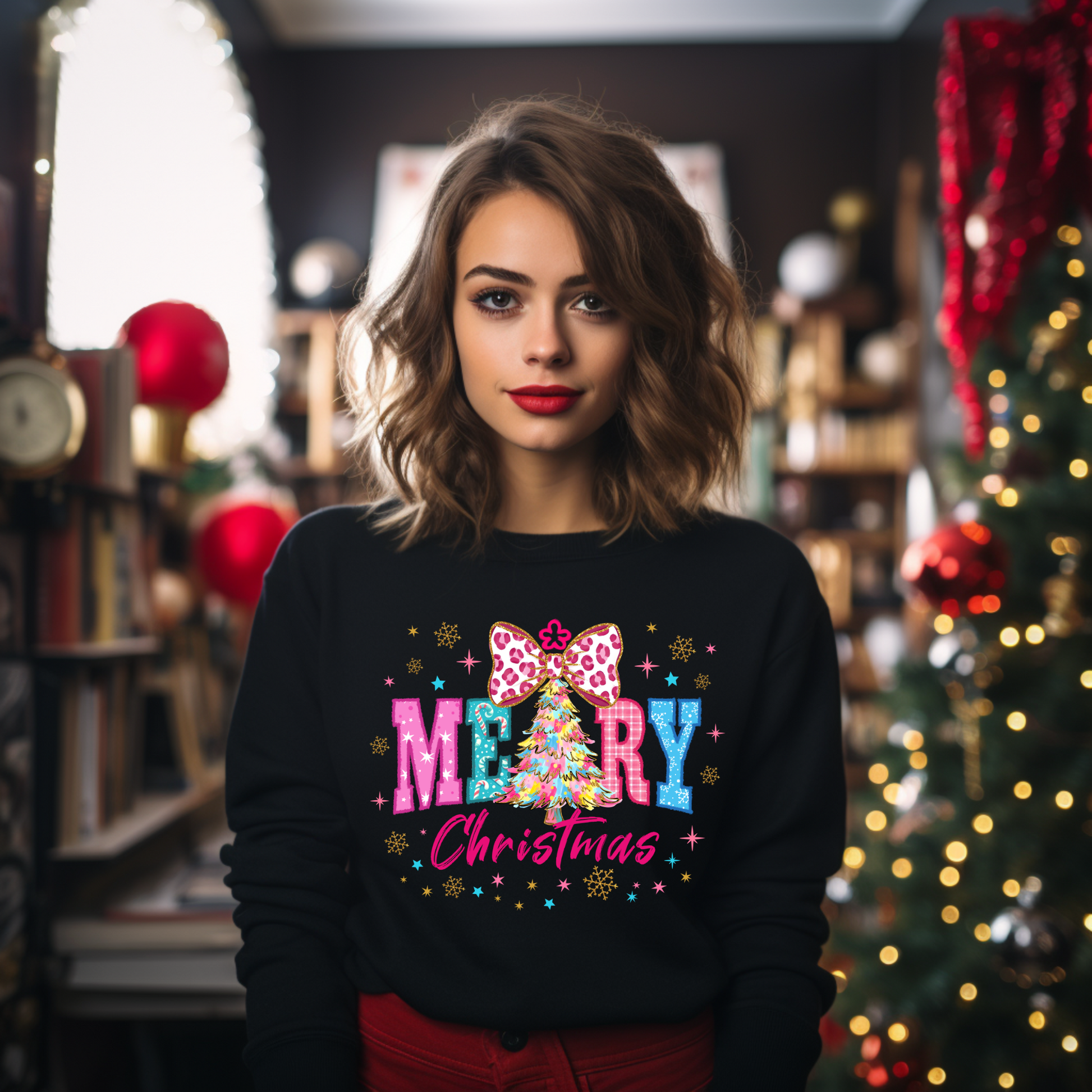 Woman wearing a black sweater with a colorful 'Merry Christmas' design in a festive room.