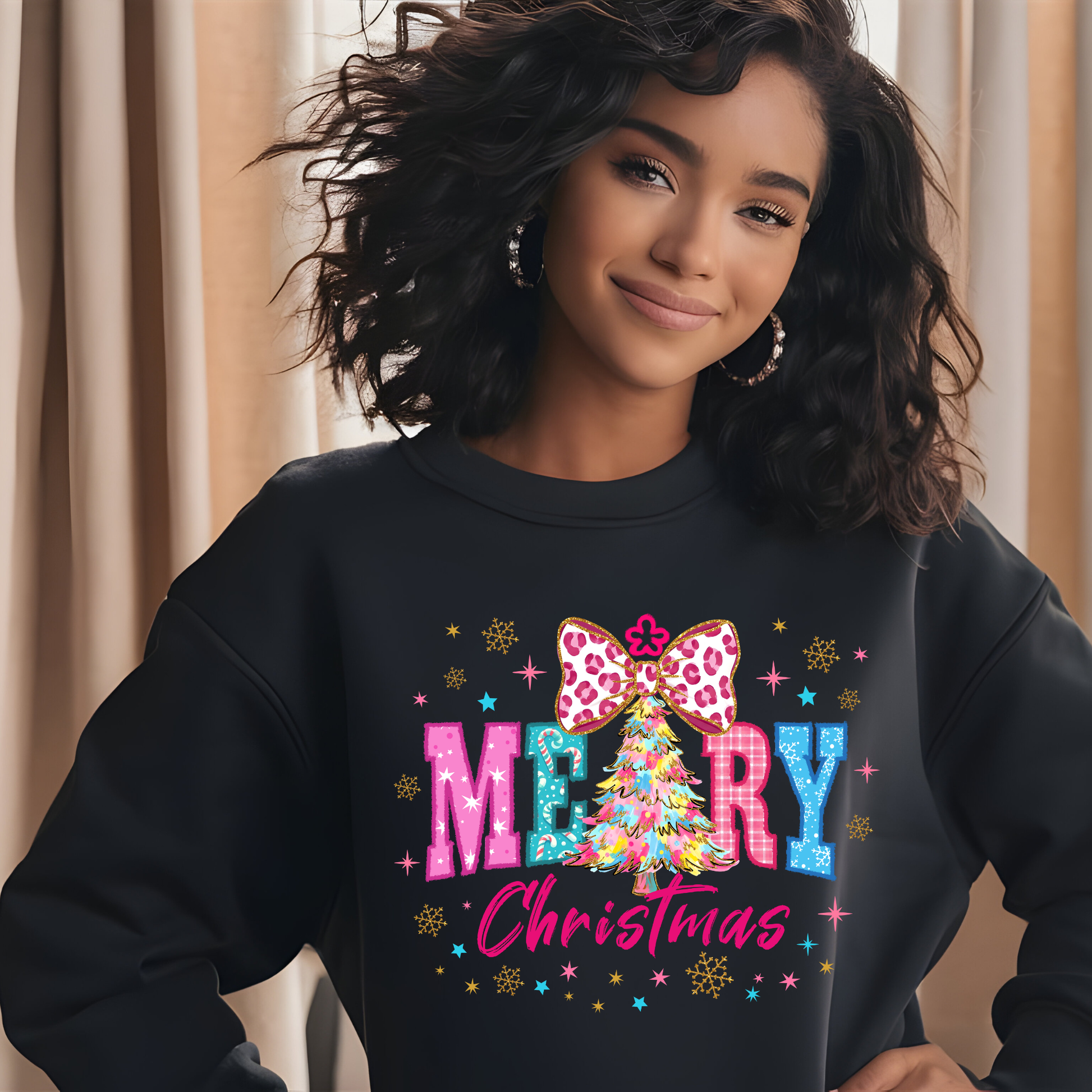 Person wearing a black sweatshirt with a colorful 'Merry Christmas' design.