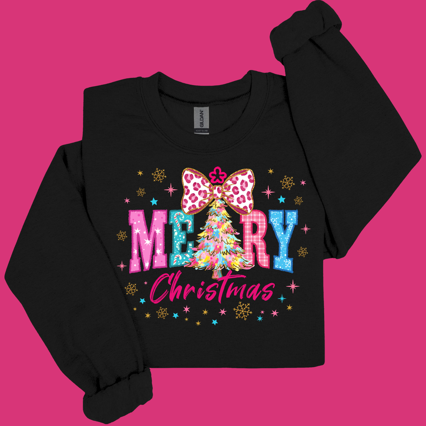 Black sweatshirt with a colorful Christmas design on a pink background