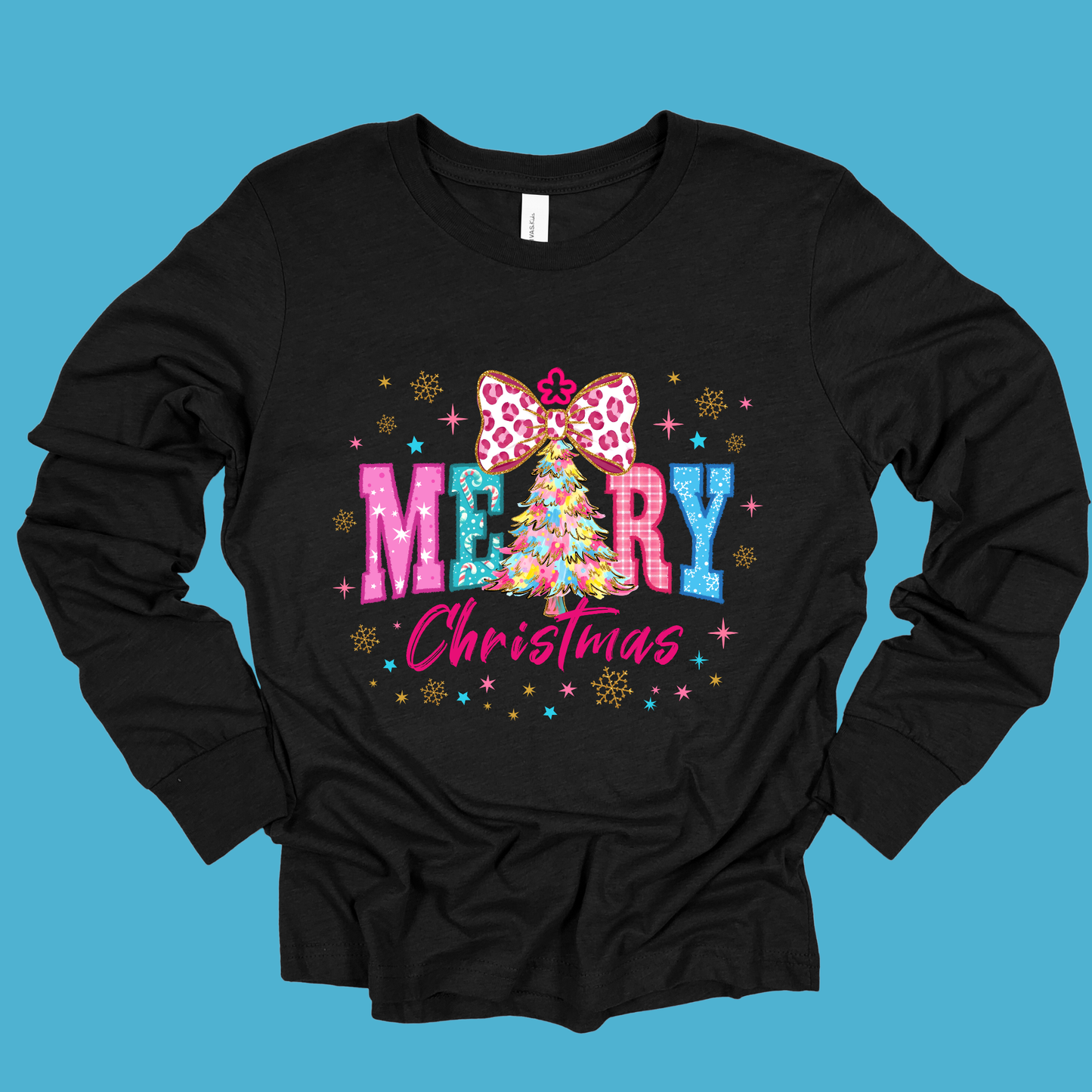 Black long-sleeve shirt with colorful Christmas design on a blue background