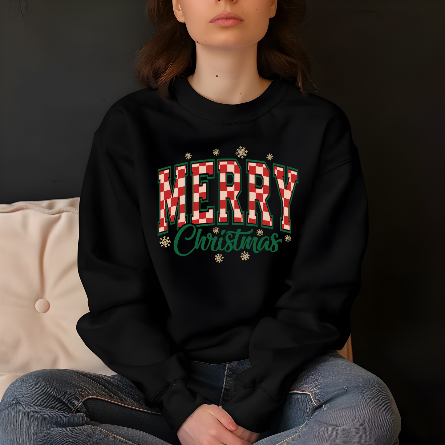 Merry Christmas Long Sleeve Shirt - Buffalo Plaid Holiday Unisex Christmas Sweater