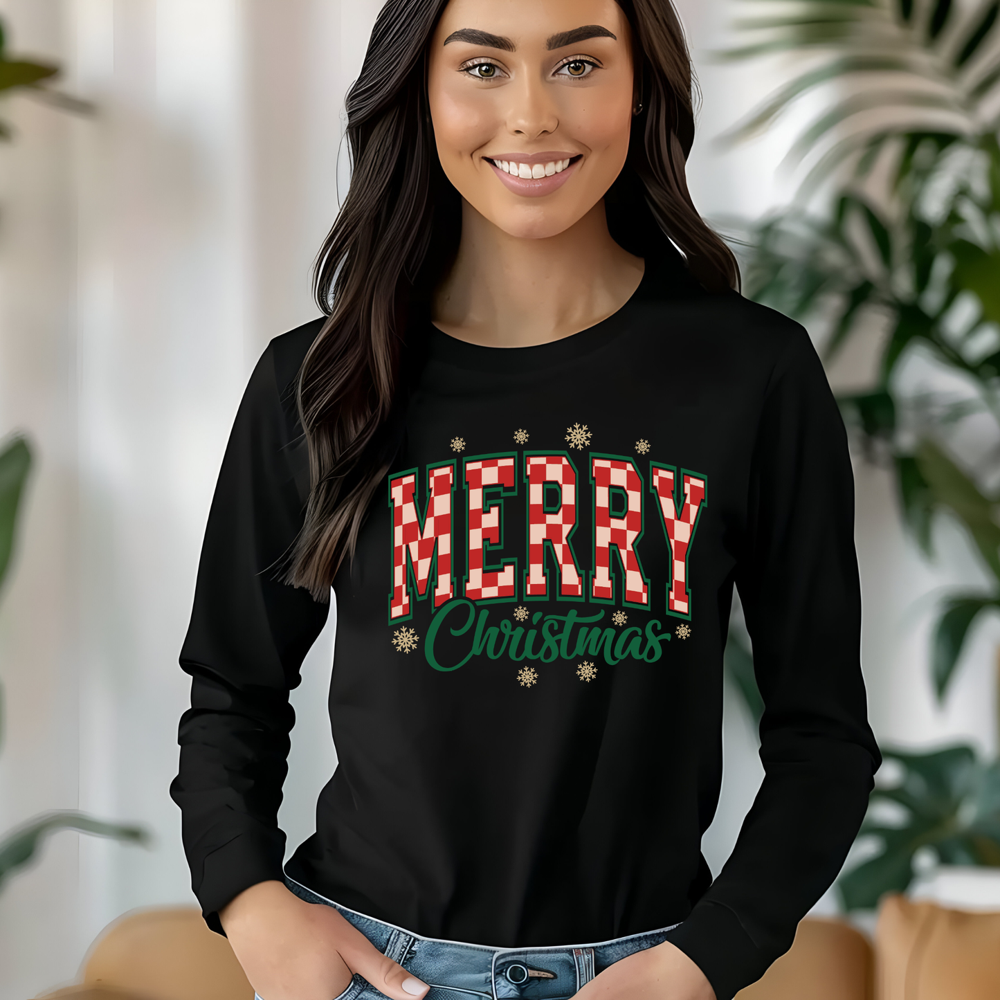 Merry Christmas Long Sleeve Shirt - Buffalo Plaid Holiday Unisex Christmas Sweater