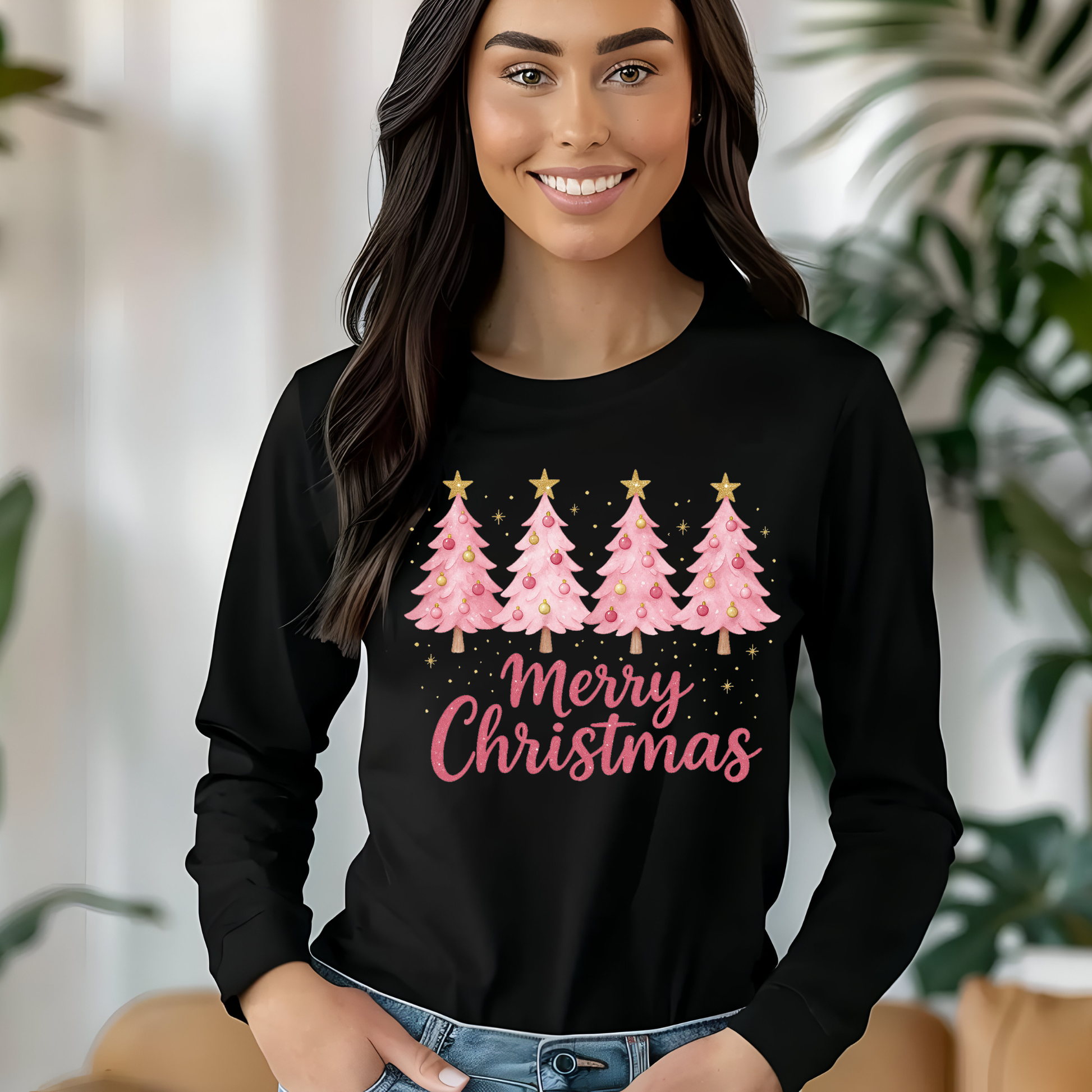 Woman wearing a black long-sleeve shirt with pink Christmas tree design and 'Merry Christmas' text.