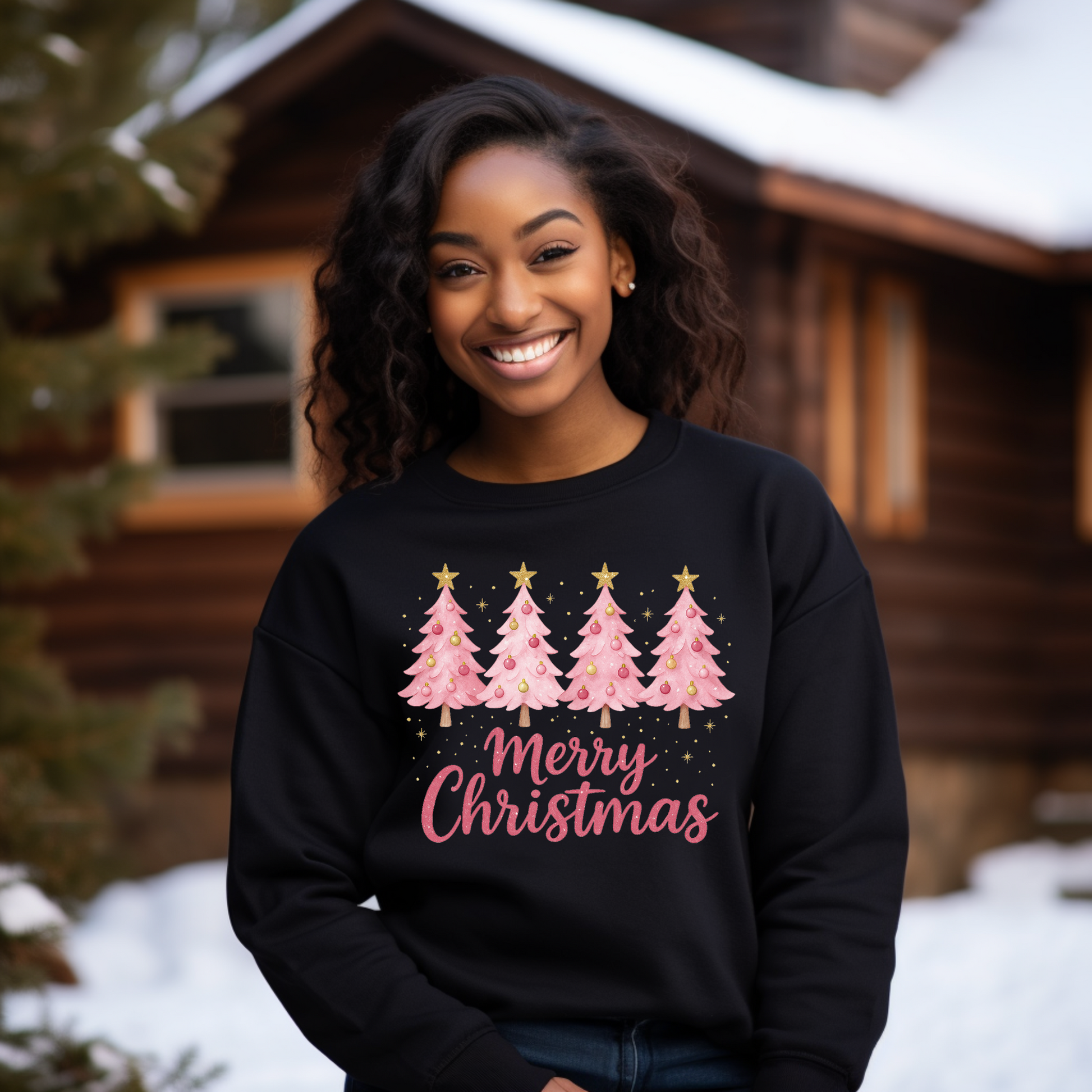 Woman wearing a black sweatshirt with Christmas tree design and 'Merry Christmas' text, standing in front of a wooden cabin.