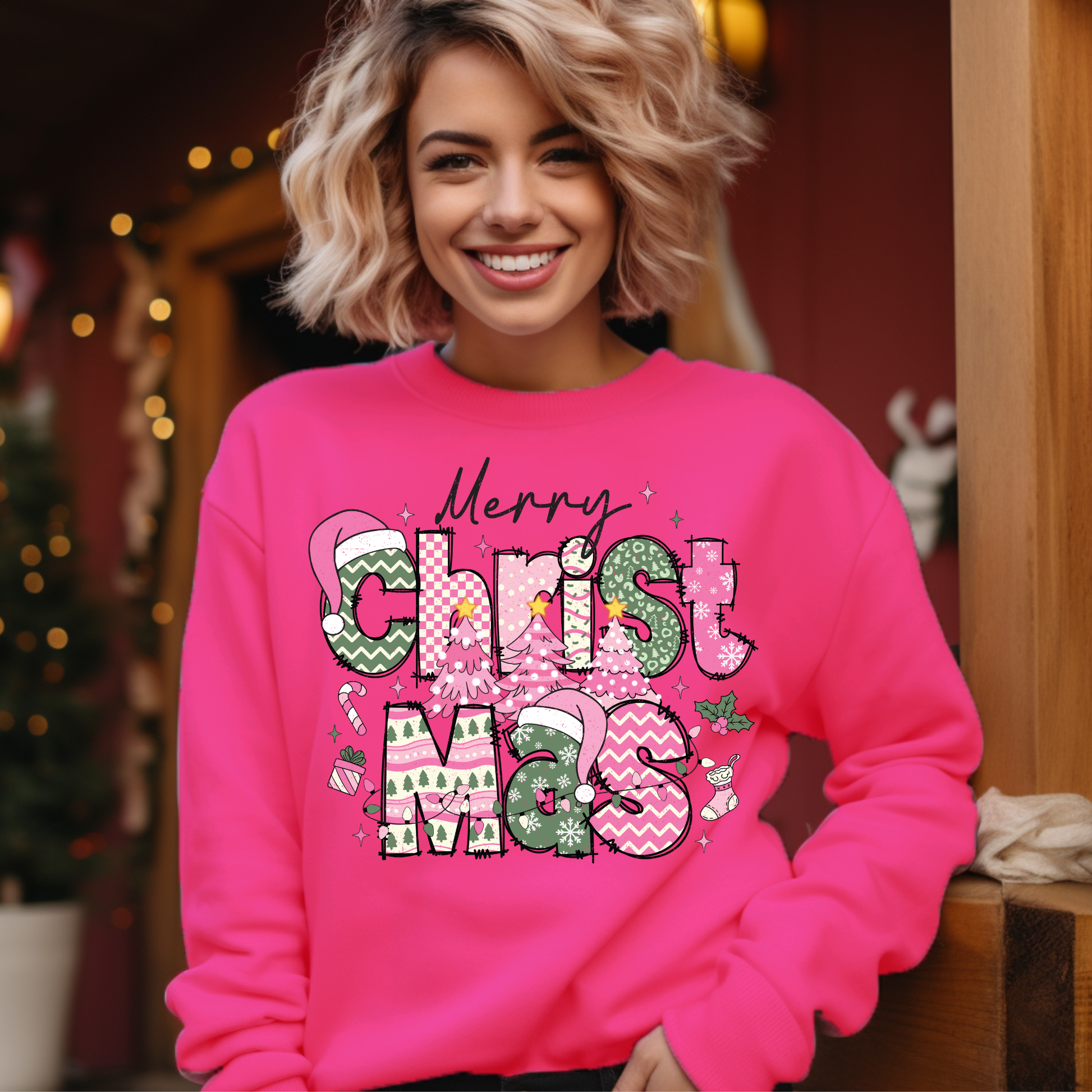 Pink Merry Christmas Sweater - Cozy Novelty Holiday Crewneck Sweater