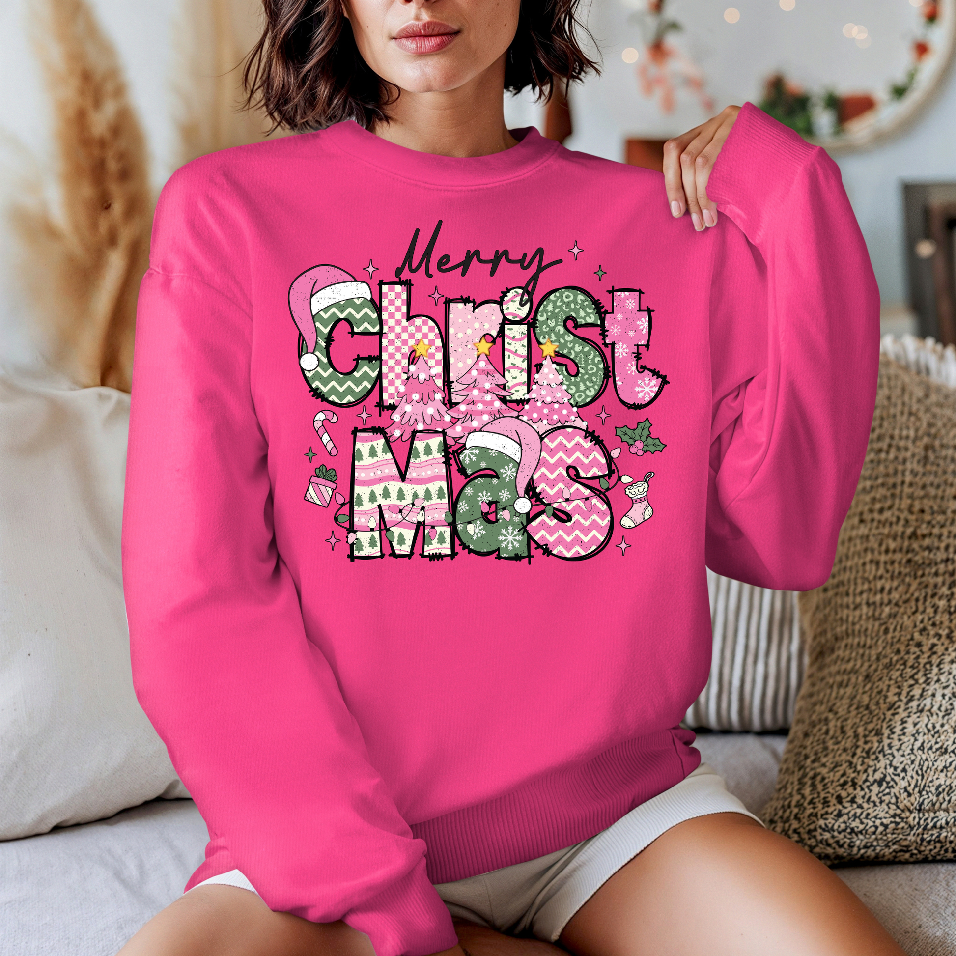 Pink Merry Christmas Sweater - Cozy Novelty Holiday Crewneck Sweater