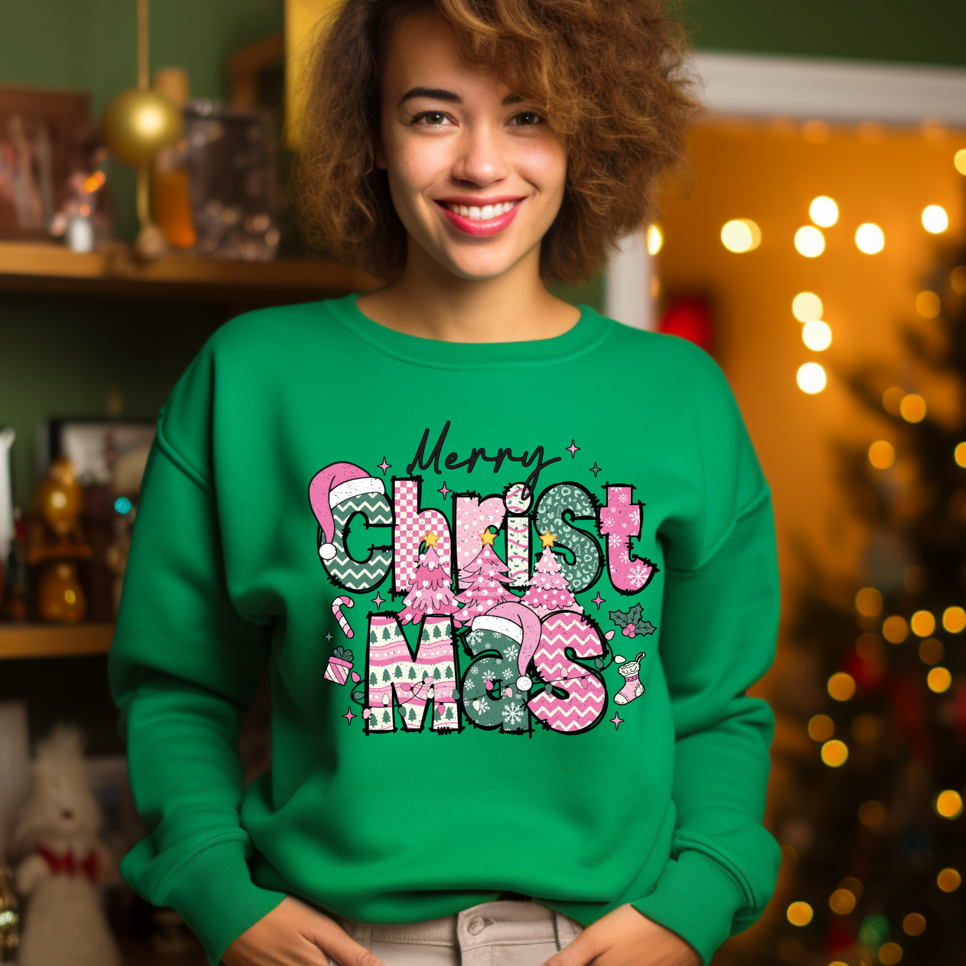 Person wearing a green Christmas-themed sweatshirt with decorative text in a festive setting.