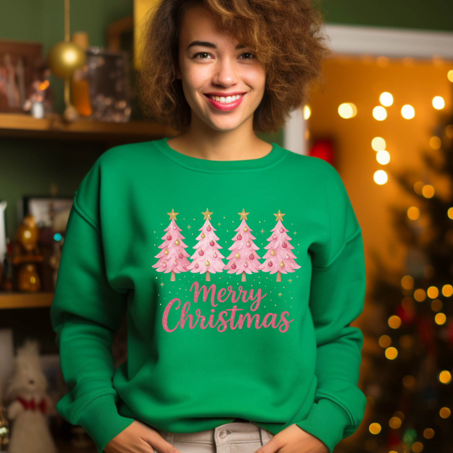 Person wearing a green 'Merry Christmas' sweater with pink trees in a festive setting.