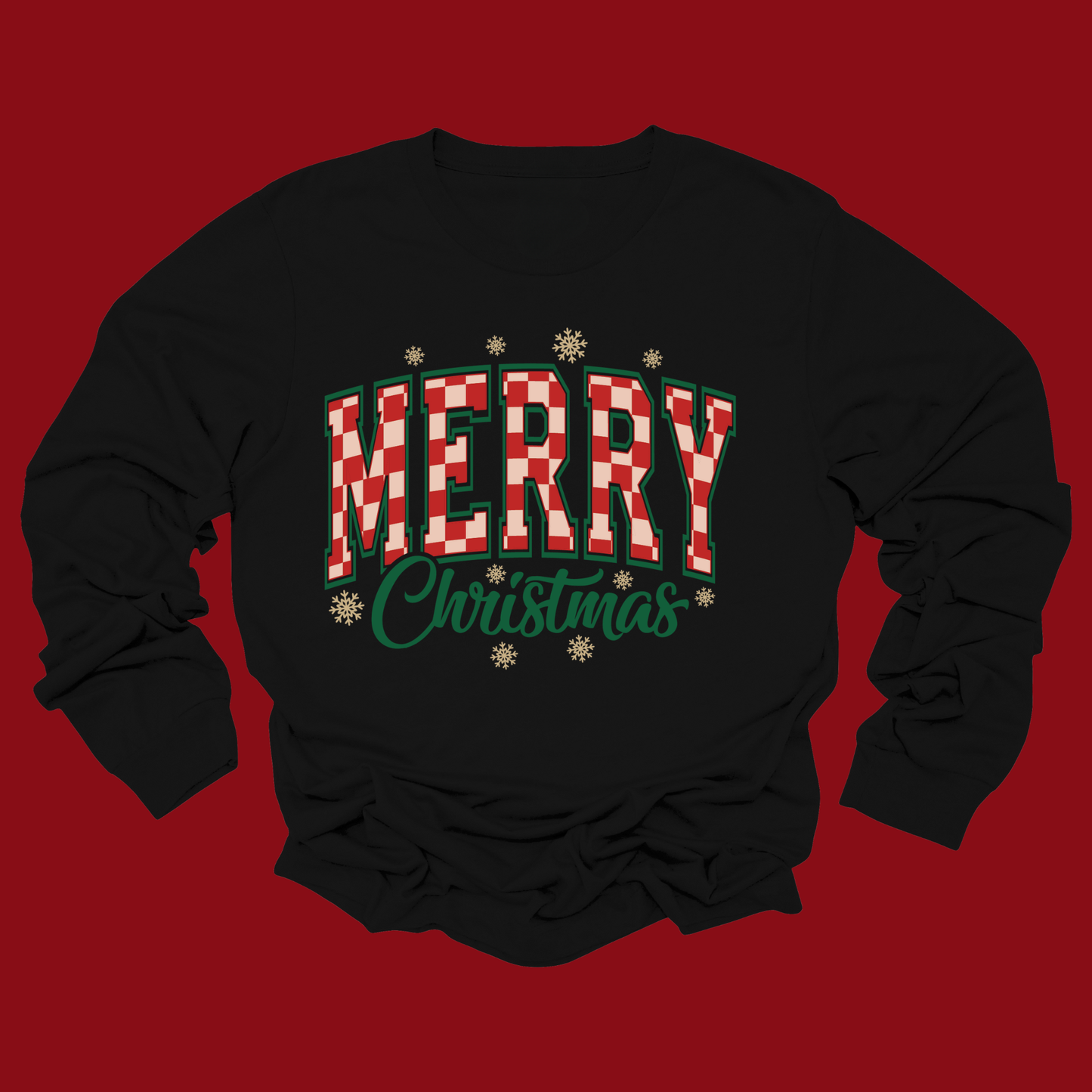 Merry Christmas Long Sleeve Shirt - Buffalo Plaid Holiday Unisex Christmas Sweater