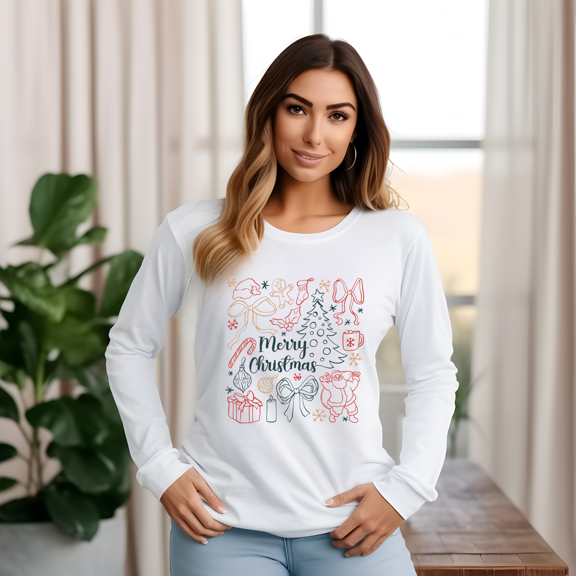 Woman wearing a white long-sleeve shirt with Christmas-themed design indoors.