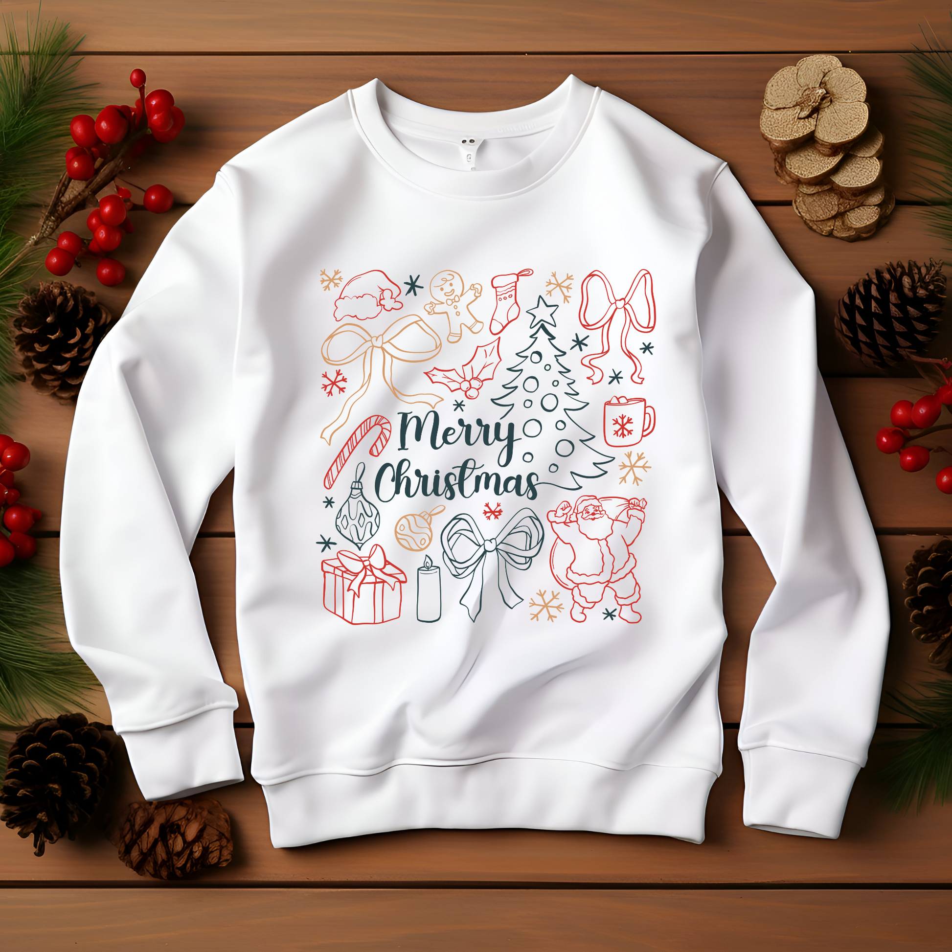 White sweatshirt with Christmas-themed design on a wooden surface with holiday decorations.