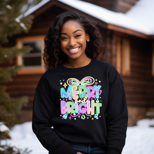 Neon Merry and Bright Christmas Sweatshirt - Cute Retro Glow Holiday Shirt