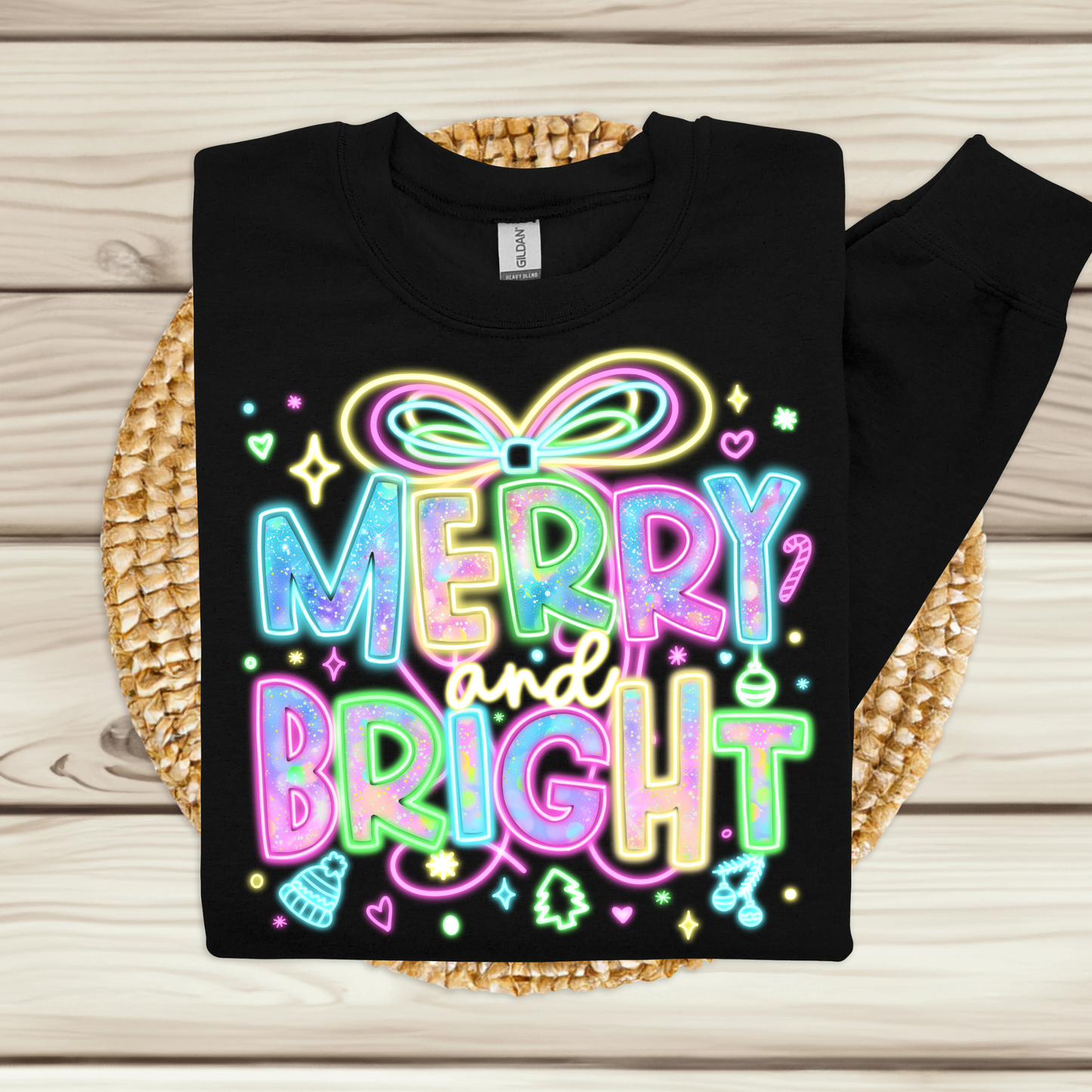 Neon Merry and Bright Christmas Sweatshirt - Cute Retro Glow Holiday Shirt
