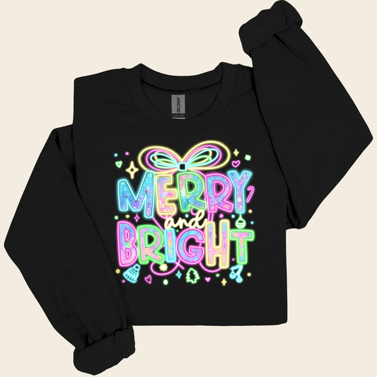 Neon Merry and Bright Christmas Sweatshirt - Cute Retro Glow Holiday Shirt