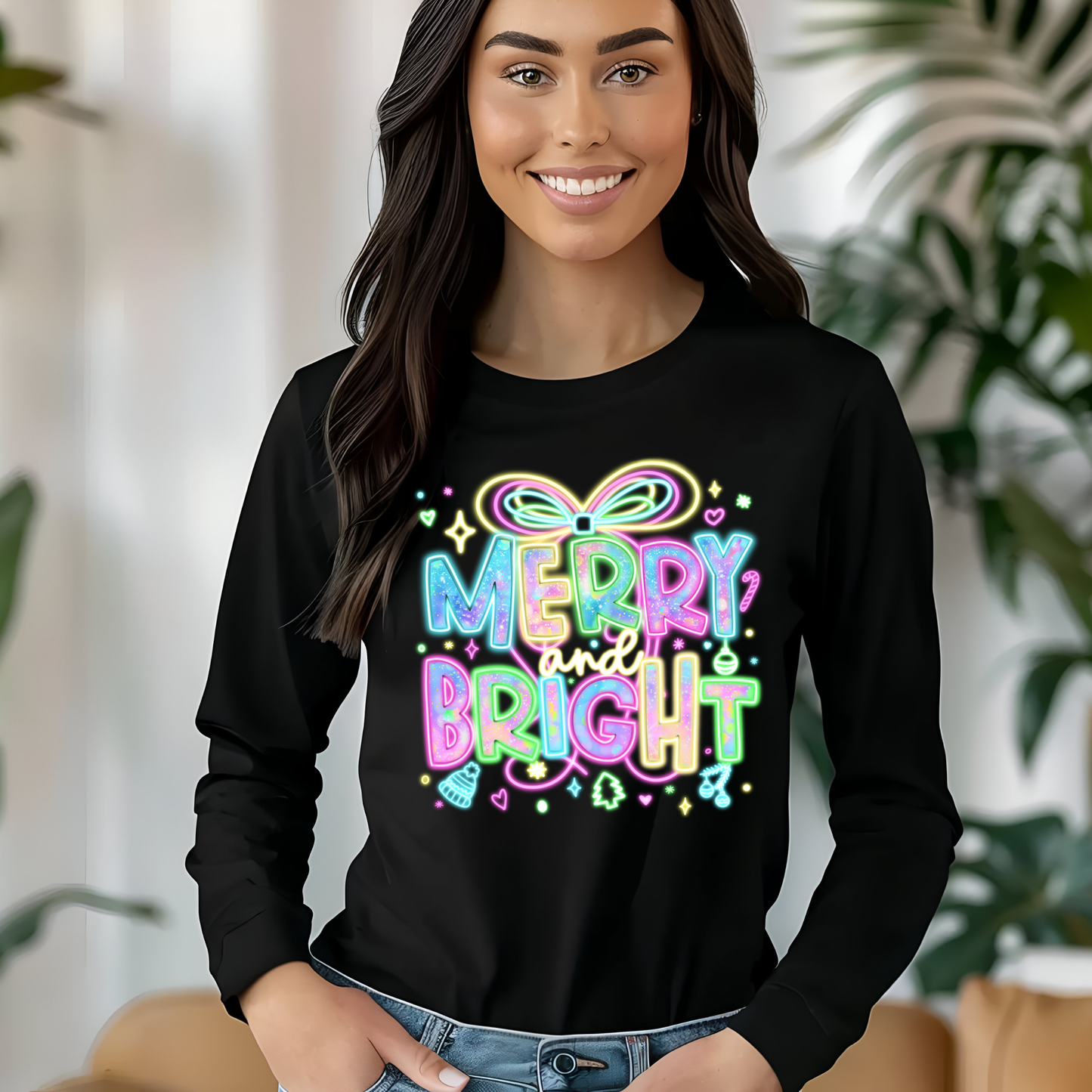 Neon Merry and Bright Christmas Sweatshirt - Cute Retro Glow Holiday Shirt