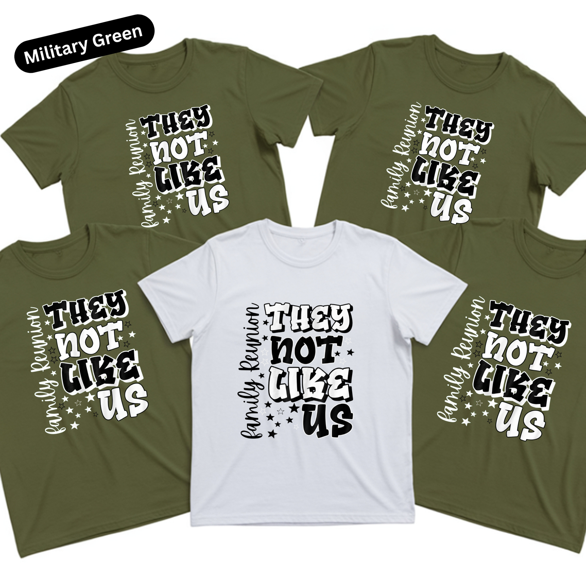 Five t-shirts with text design in military green, white, and brown.