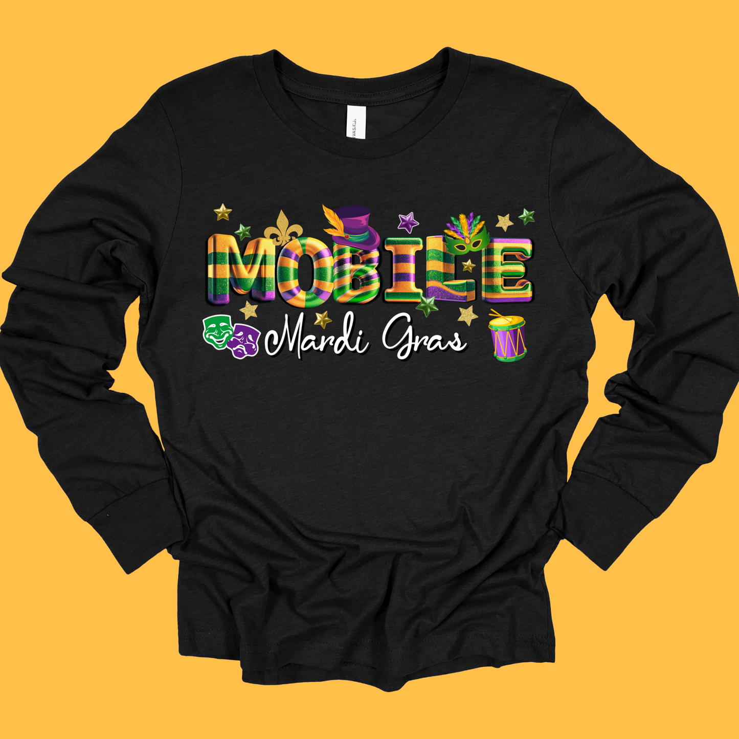 Black long-sleeve shirt with colorful 'MOBILE Mardi Gras' text on a yellow background