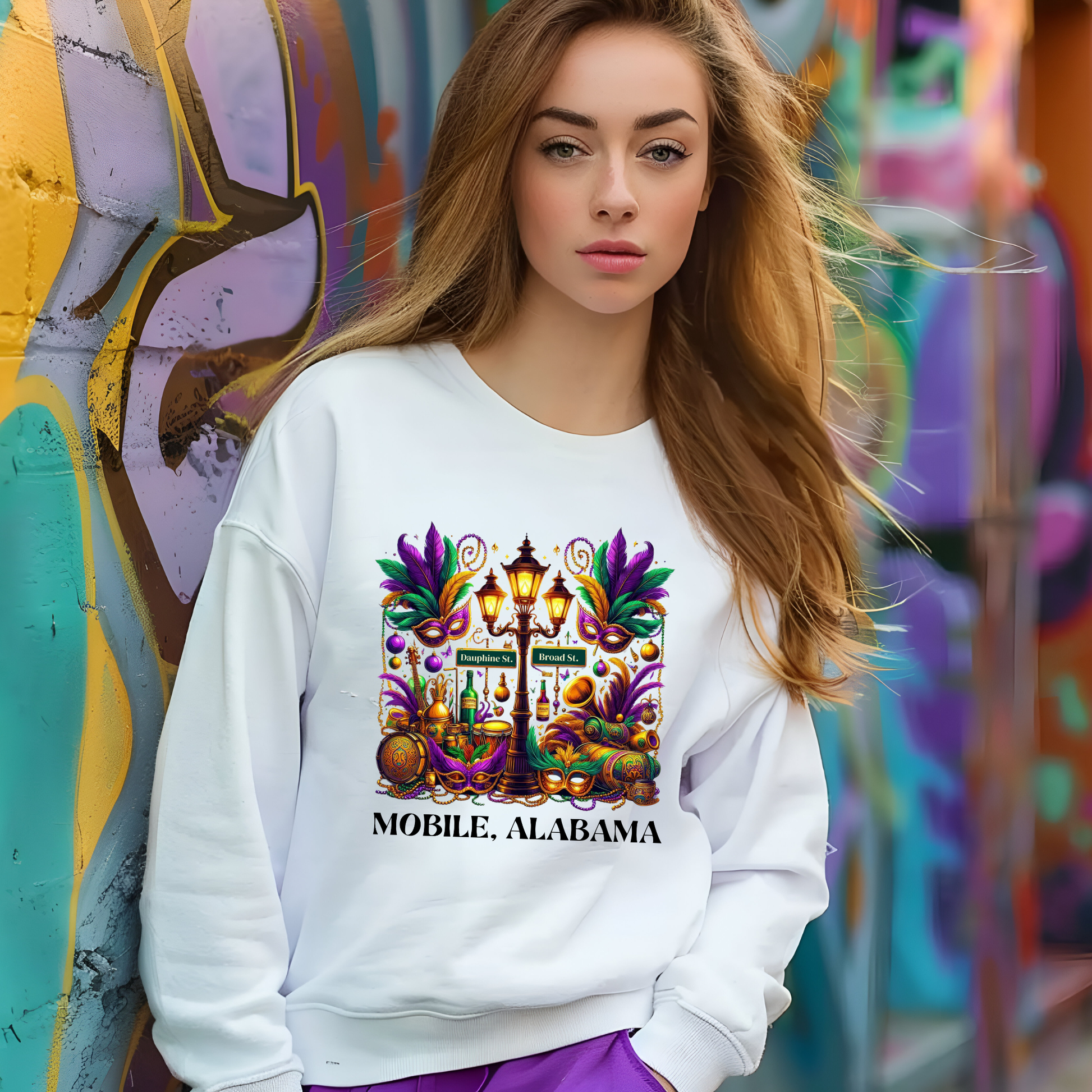 Woman wearing a sweatshirt with 'Mobile, Alabama' design against a colorful graffiti wall.