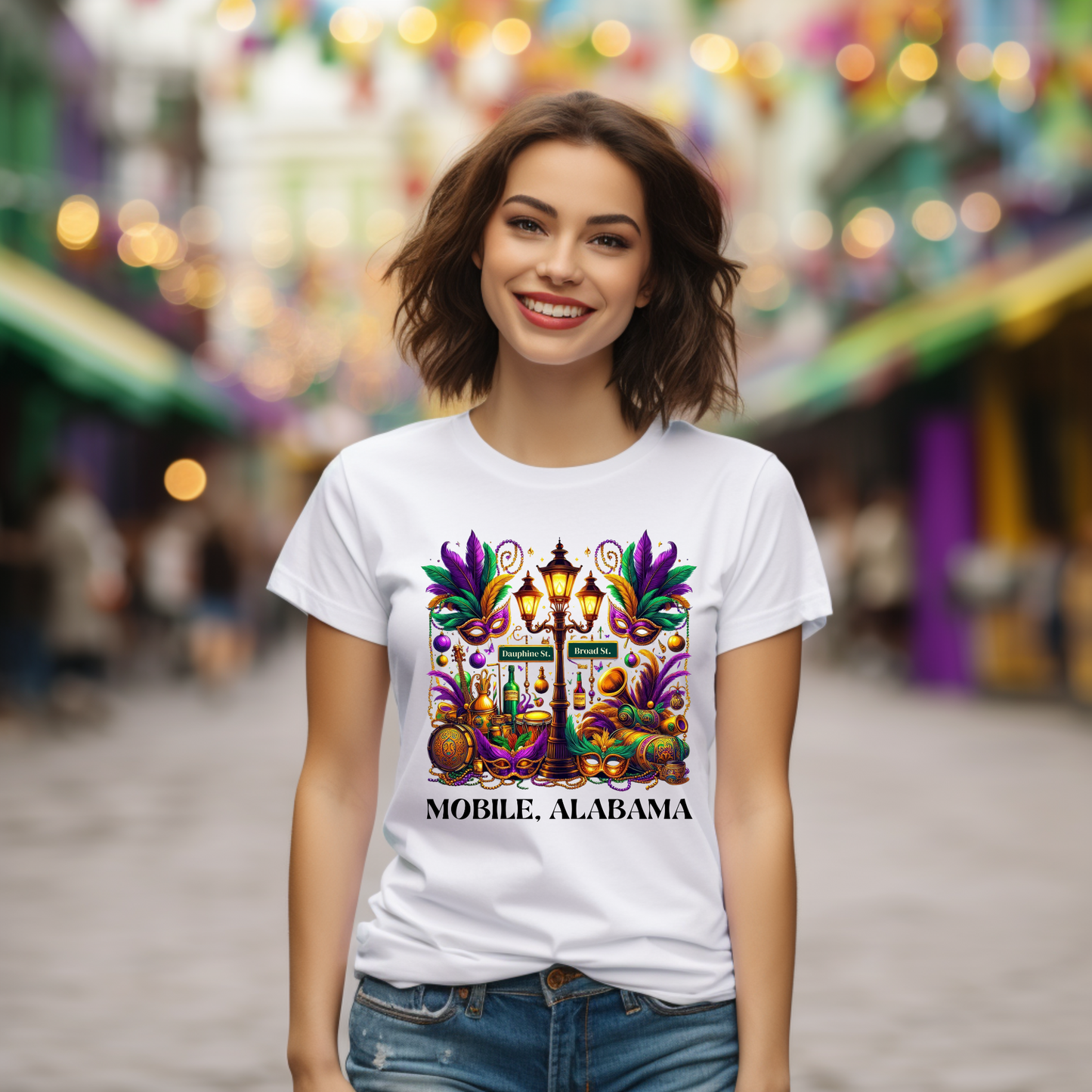 Woman wearing a white t-shirt with a colorful design and text, standing in a festive outdoor setting.