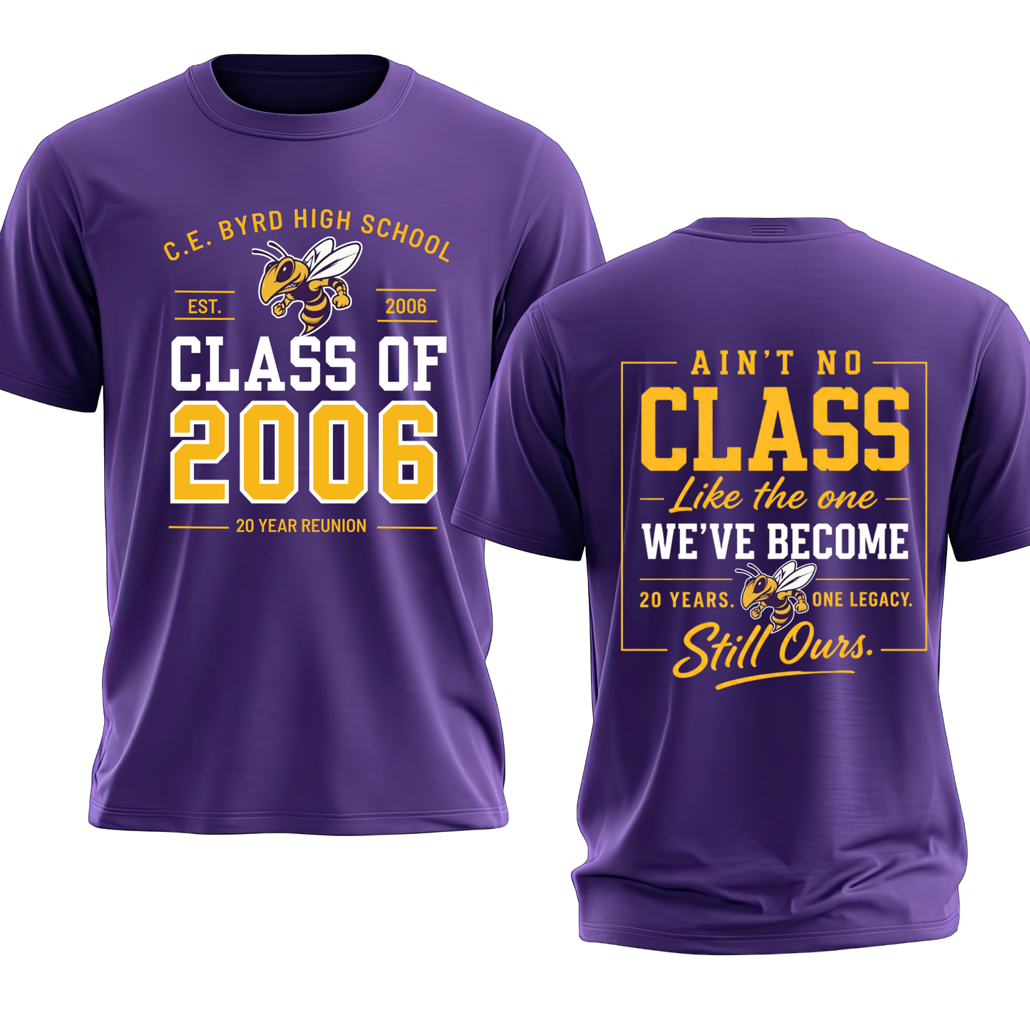 Two purple short-sleeve T-shirts shown front and back on a white background. The front has yellow and white text reading 'C.