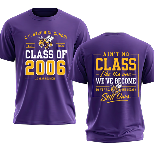 Two purple short-sleeve T-shirts shown front and back on a white background. The front has yellow and white text reading 'C.