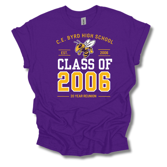 A purple short-sleeve t-shirt with a 'Class of 2006' 20-year reunion graphic for C.E.