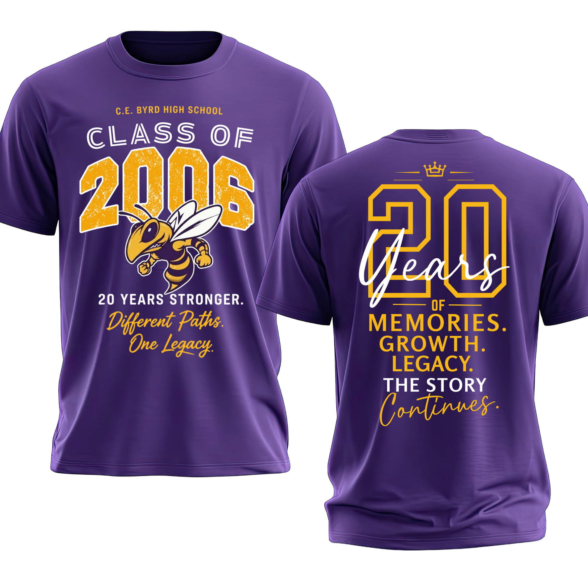 Two purple short-sleeve t-shirts shown on a white background, front and back. The front reads 'C.