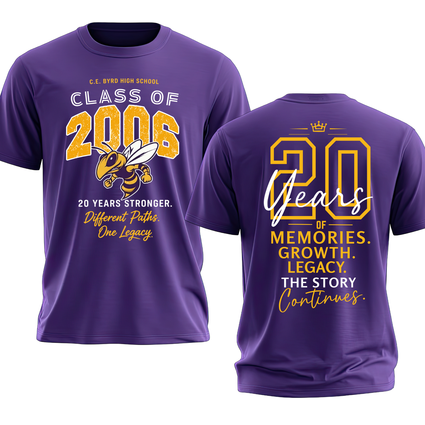 Purple short-sleeve graduation t-shirt shown from both front and back. The front reads 'Class of 2006' with a bee graphic and '20 Years Stronger.