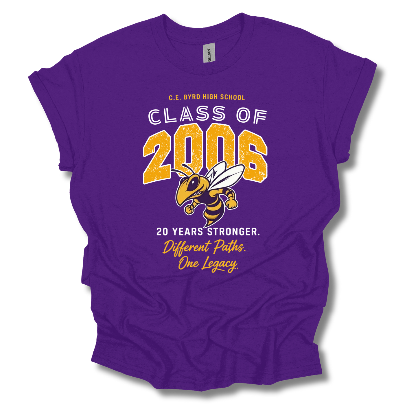A purple short-sleeve graphic t-shirt featuring a 'Class of 2006' design with a bee mascot and the text '20 Years Stronger. Different Paths.