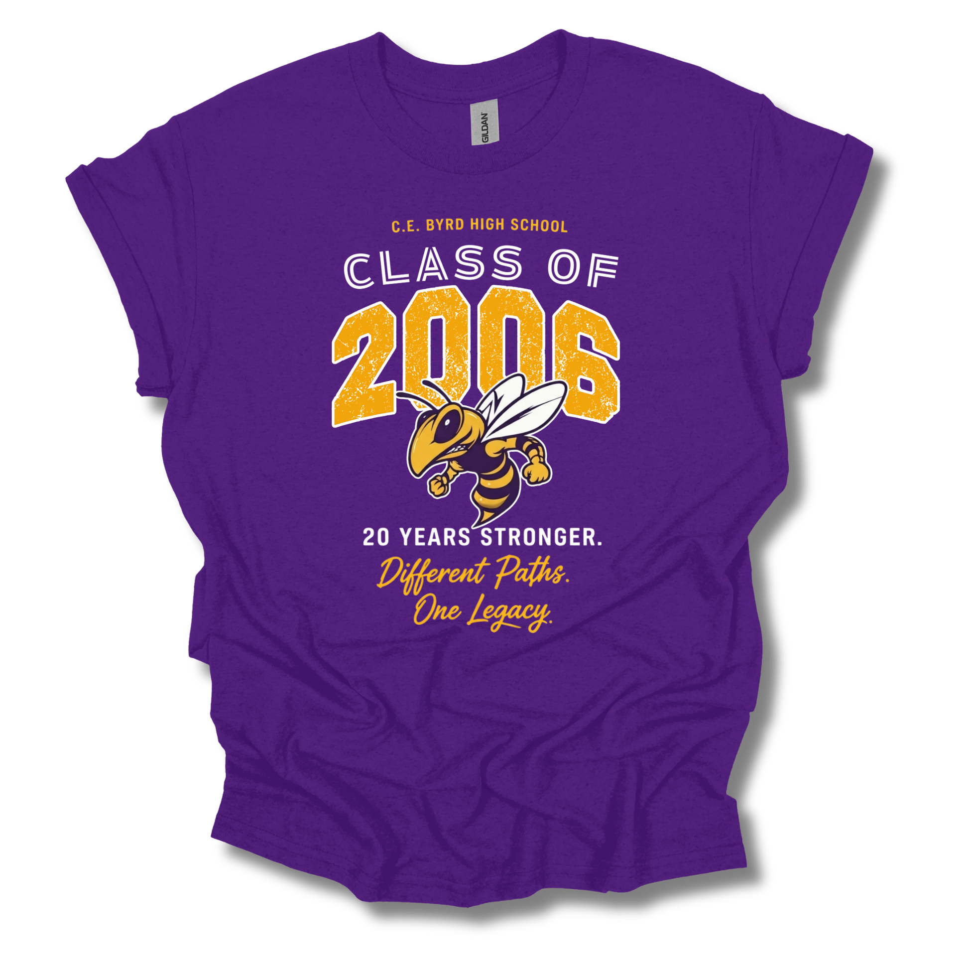 A purple short-sleeve graphic t-shirt featuring a 'Class of 2006' design with a bee mascot and the text '20 Years Stronger. Different Paths.