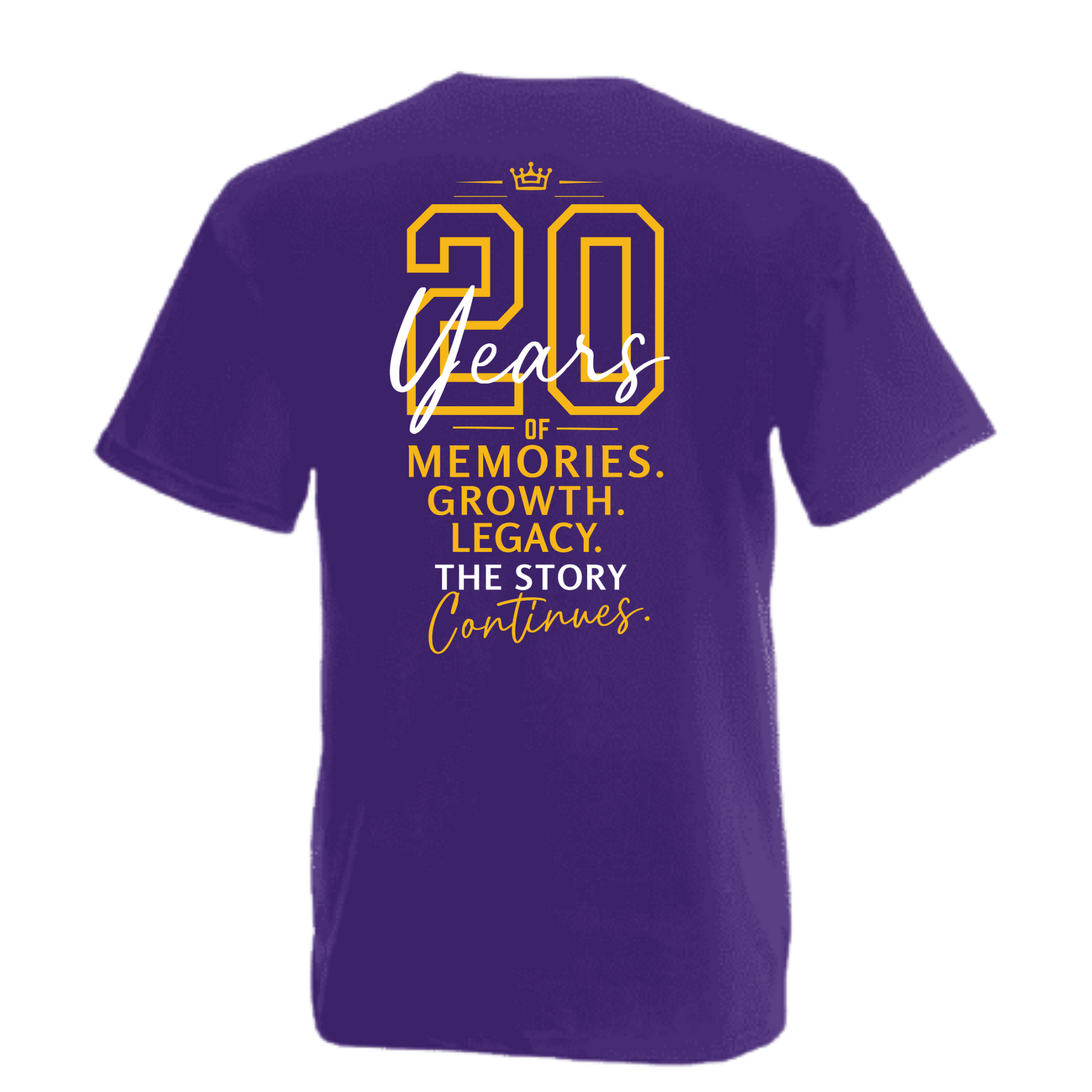 A purple short-sleeve t-shirt shown from the back, featuring a celebratory graphic that reads '20 Years of Memories. Growth.