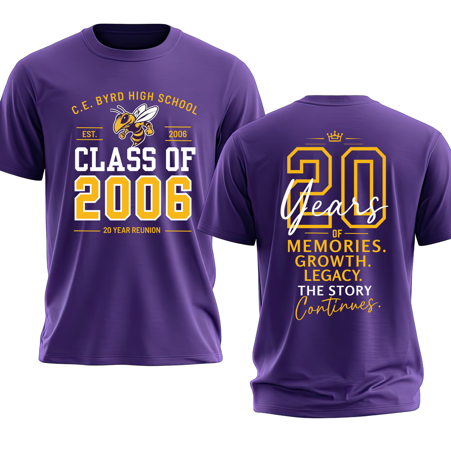 A purple short-sleeve t-shirt shown from both the front and back, featuring 'C.E.