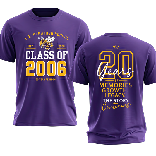 A purple short-sleeve t-shirt shown from both the front and back, featuring 'C.E.